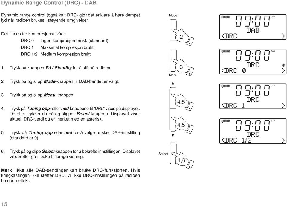 Trykk på og slipp Mode-knappen til DAB-båndet er valgt. 3. Trykk på og slipp Menu-knappen. 4. Trykk på Tuning opp- eller ned-knappene til 'DRC' vises på displayet.