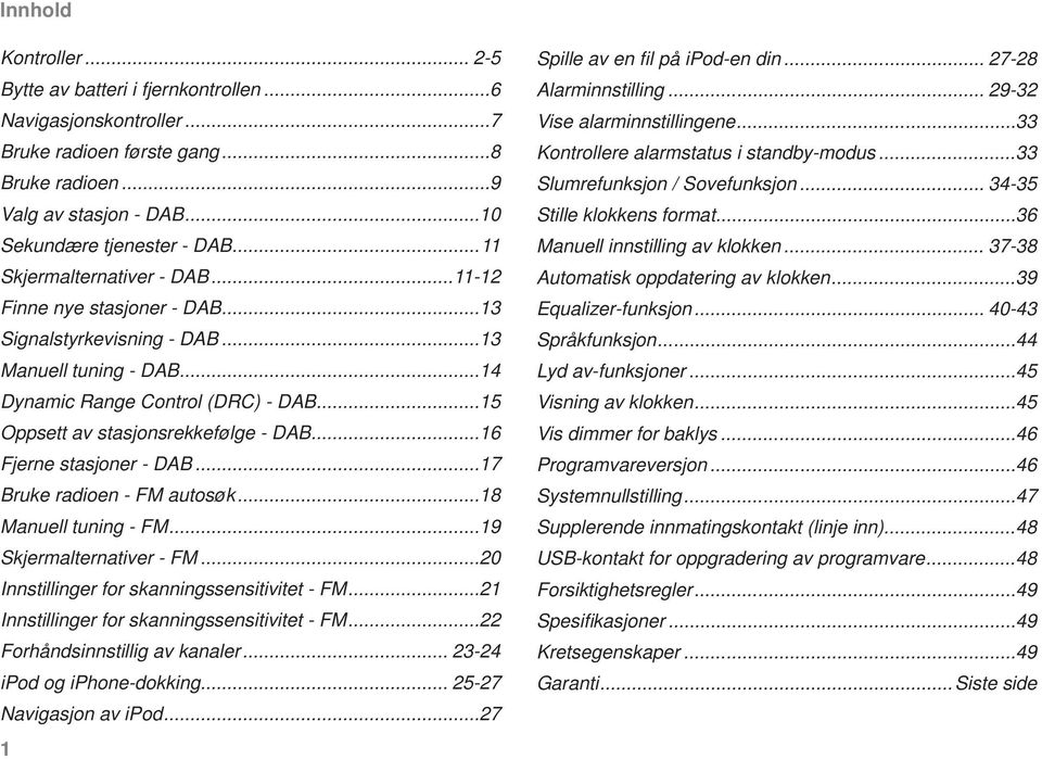 ..16 Fjerne stasjoner - DAB...17 Bruke radioen - FM autosøk...18 Manuell tuning - FM...19 Skjermalternativer - FM...0 Innstillinger for skanningssensitivitet - FM.