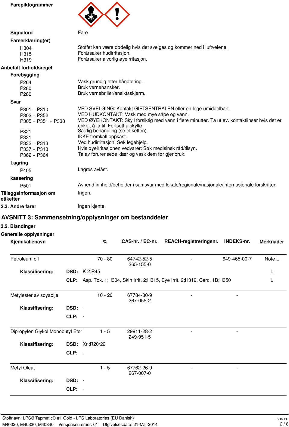 Forårsaker alvorlig øyeirritasjon. Vask grundig etter håndtering. Bruk vernehansker. Bruk vernebriller/ansiktsskjerm. VED SVELGING: Kontakt GIFTSENTRALEN eller en lege umiddelbart.