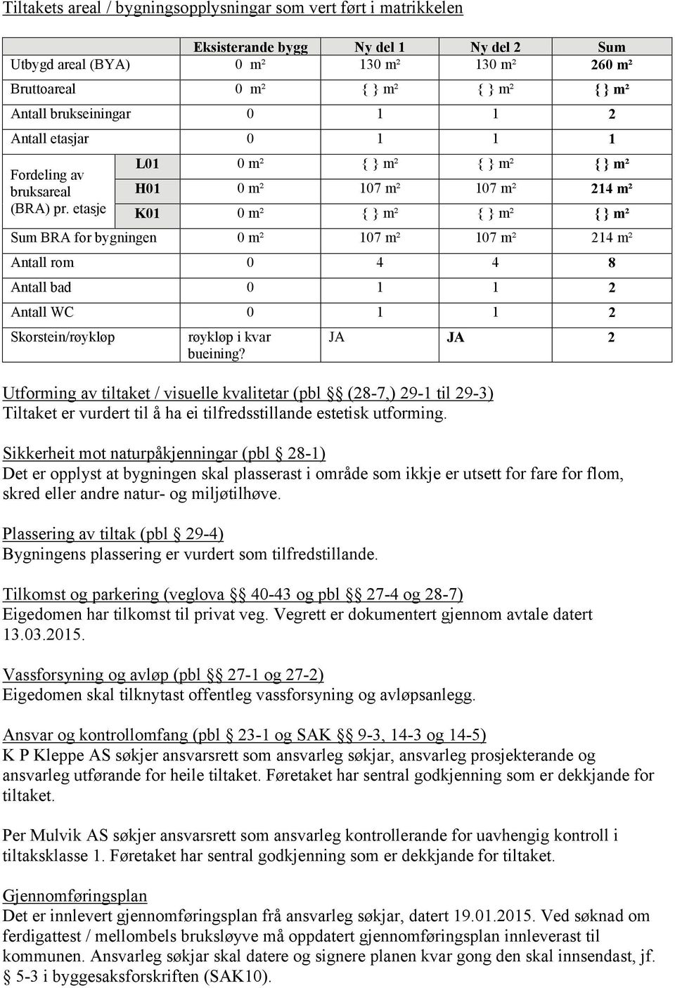 etasje L01 0 m² { } m² { } m² { } m² H01 0 m² 107 m² 107 m² 214 m² K01 0 m² { } m² { } m² { } m² Sum BRA for bygningen 0 m² 107 m² 107 m² 214 m² Antall rom 0 4 4 8 Antall bad 0 1 1 2 Antall WC 0 1 1