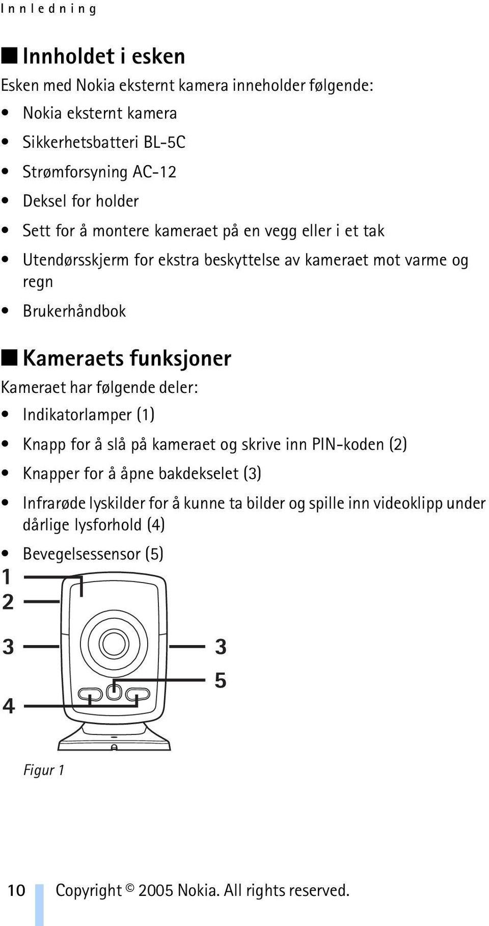 funksjoner Kameraet har følgende deler: Indikatorlamper (1) Knapp for å slå på kameraet og skrive inn PIN-koden (2) Knapper for å åpne bakdekselet (3)