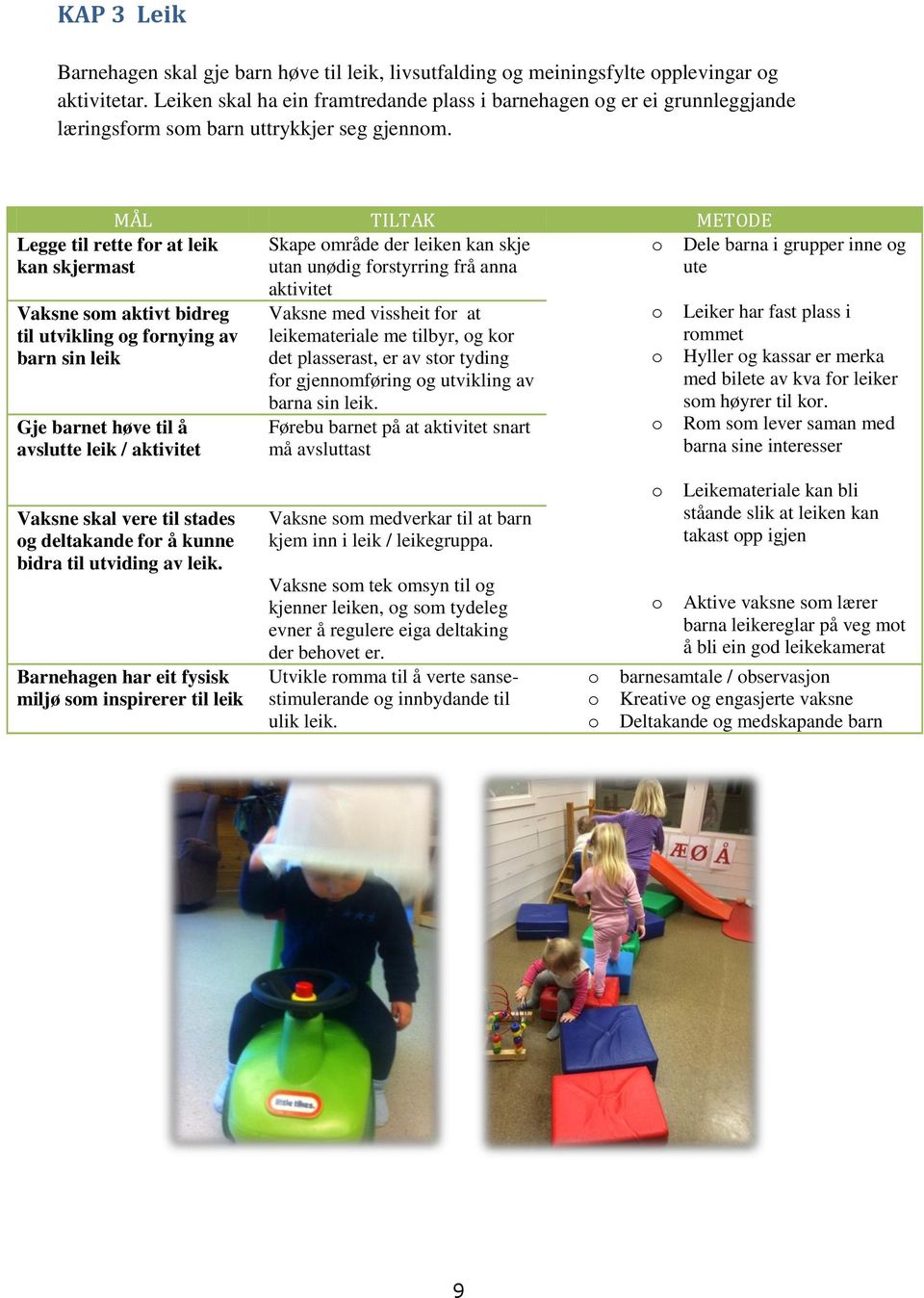 MÅL TILTAK METODE Skape mråde der leiken kan skje utan unødig frstyrring frå anna aktivitet Legge til rette fr at leik kan skjermast Vaksne sm aktivt bidreg til utvikling g frnying av barn sin leik