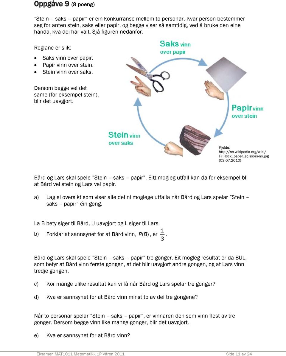 Papir vinn over stein. Stein vinn over saks. Dersom begge vel det same (for eksempel stein), blir det uavgjort. Kjelde: http://no.wikipedia.org/wiki/ Fil:Rock_paper_scissors-no.jpg (03.07.