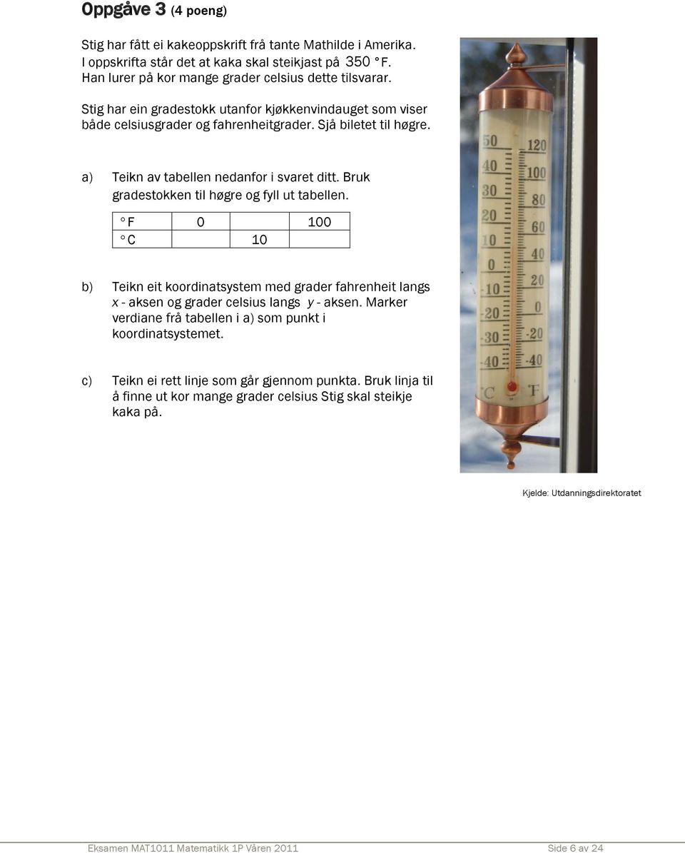 Bruk gradestokken til høgre og fyll ut tabellen. F 0 100 C 10 b) Teikn eit koordinatsystem med grader fahrenheit langs x - aksen og grader celsius langs y - aksen.