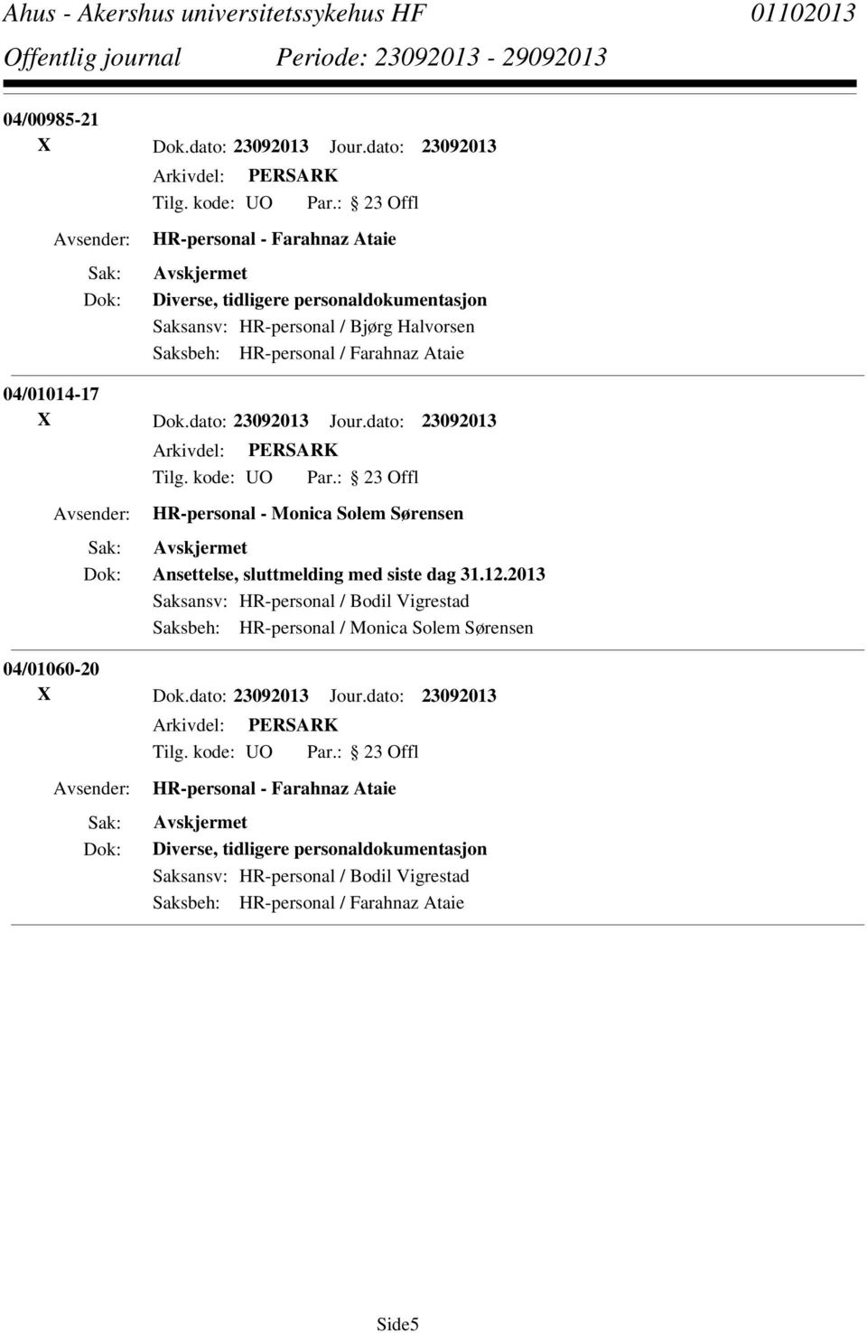 Ataie 04/01014-17 X Dok.dato: 23092013 Jour.dato: 23092013 HR-personal - Monica Solem Sørensen Ansettelse, sluttmelding med siste dag 31.12.