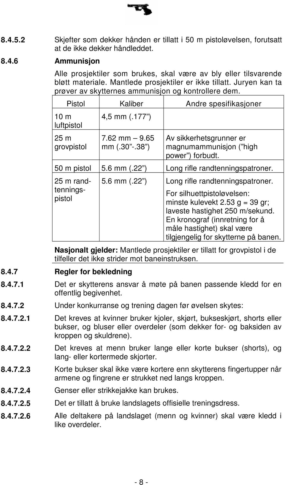 65 mm (.30 -.38 ) Av sikkerhetsgrunner er magnumammunisjon ( high power ) forbudt. 50 m pistol 5.6 mm (.22 ) Long rifle randtenningspatroner. 25 m randtenningspistol 5.6 mm (.22 ) Long rifle randtenningspatroner. For silhuettpistoløvelsen: minste kulevekt 2.