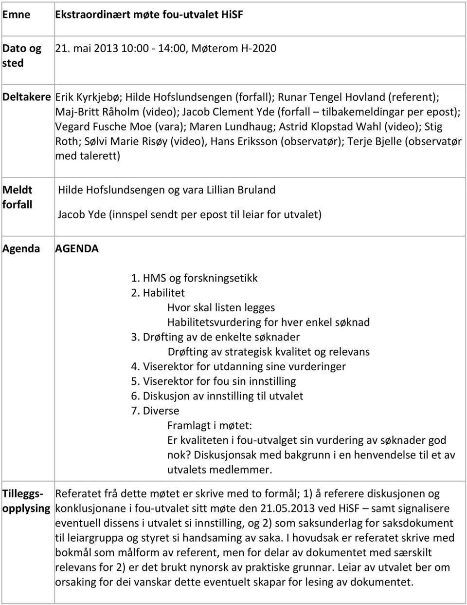 per epost); Vegard Fusche Moe (vara); Maren Lundhaug; Astrid Klopstad Wahl (video); Stig Roth; Sølvi Marie Risøy (video), Hans Eriksson (observatør); Terje Bjelle (observatør med talerett) Meldt