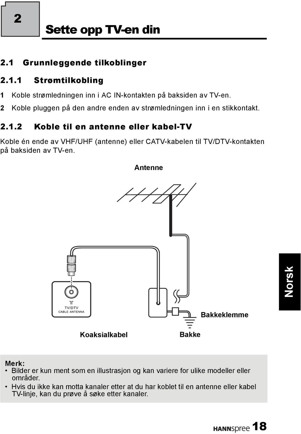 2 Koble til en antenne eller kabel-tv Koble én ende av VHF/UHF (antenne) eller CATV-kabelen til TV/DTV-kontakten på baksiden av TV-en.