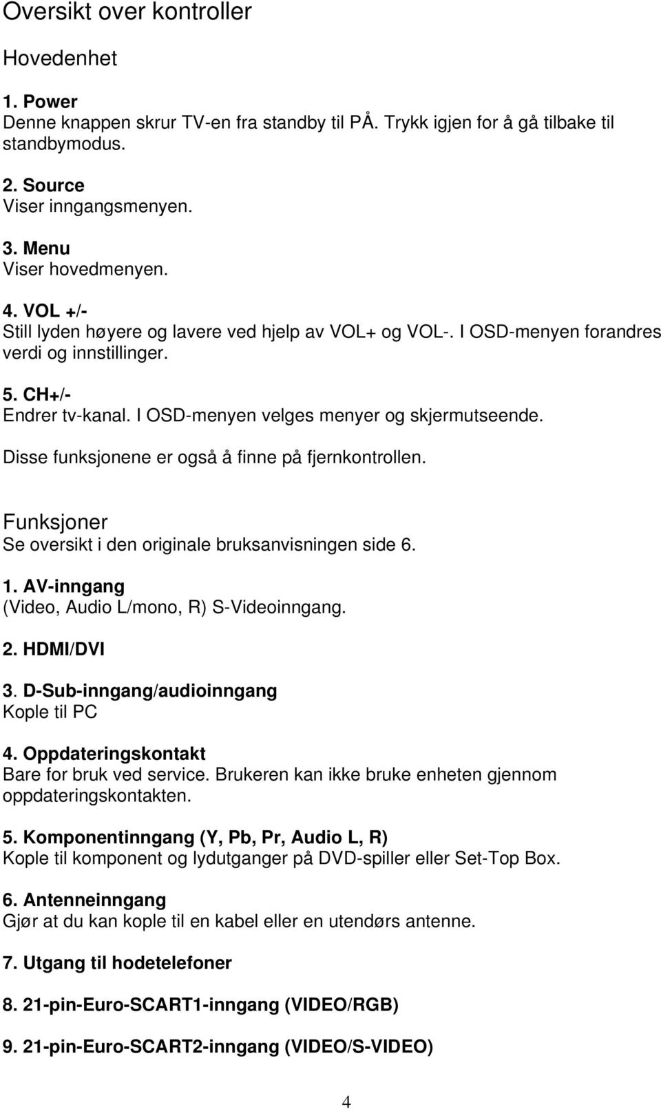 Disse funksjonene er også å finne på fjernkontrollen. Funksjoner Se oversikt i den originale bruksanvisningen side 6. 1. AV-inngang (Video, Audio L/mono, R) S-Videoinngang. 2. HDMI/DVI 3.