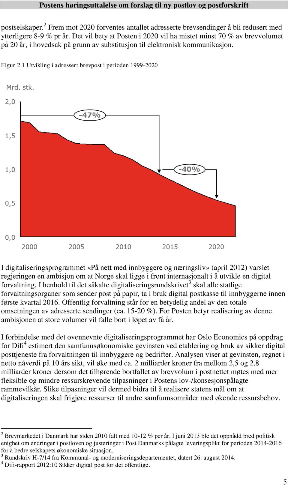 1 Utvikling i adressert brevpost i perioden 1999-2020 I digitaliseringsprogrammet «På nett med innbyggere og næringsliv» (april 2012) varslet regjeringen en ambisjon om at Norge skal ligge i front