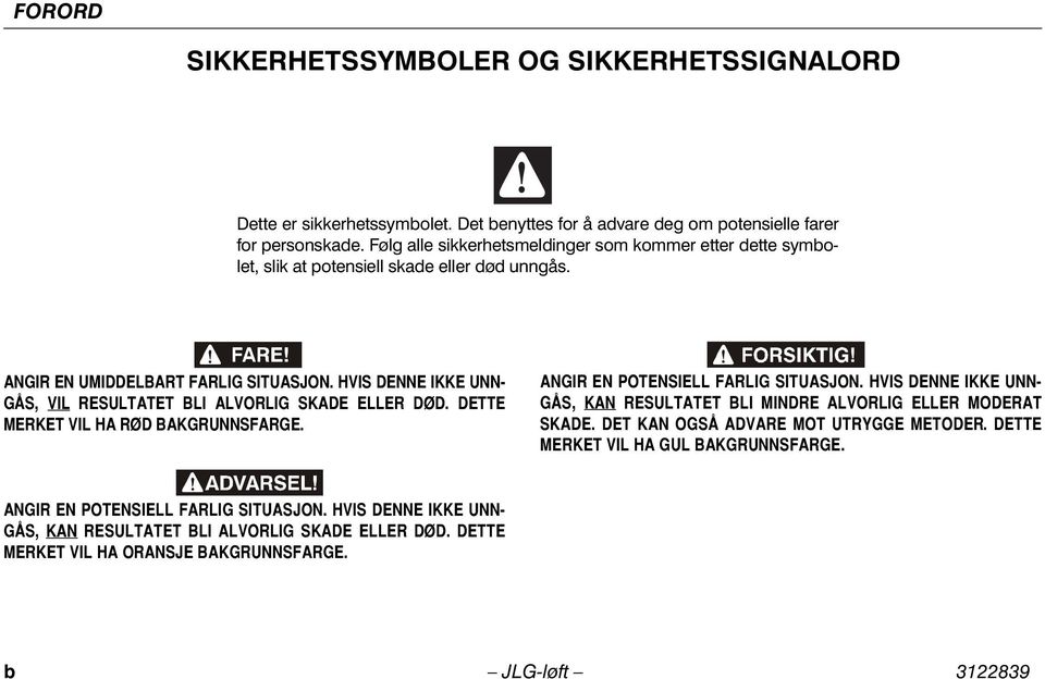 HVIS DENNE IKKE UNN- GÅS, VIL RESULTATET BLI ALVORLIG SKADE ELLER DØD. DETTE MERKET VIL HA RØD BAKGRUNNSFARGE. ANGIR EN POTENSIELL FARLIG SITUASJON.