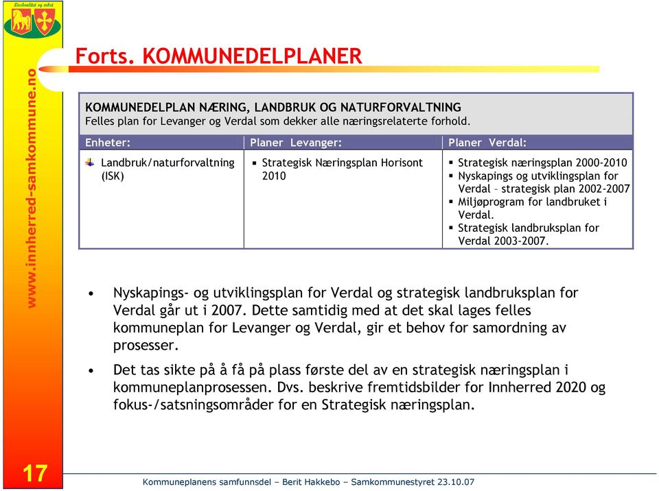 2002-2007 Miljøprogram for landbruket i Verdal. Strategisk landbruksplan for Verdal 2003-2007. Nyskapings- og utviklingsplan for Verdal og strategisk landbruksplan for Verdal går ut i 2007.