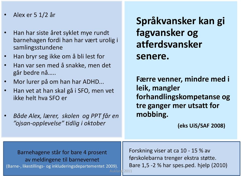 .. Han vet at han skal gå i SFO, men vet ikke helt hva SFO er Både Alex, lærer, skolen og PPT får en ojsan-opplevelse tidlig i oktober Språkvansker kan gi fagvansker og atferdsvansker senere.