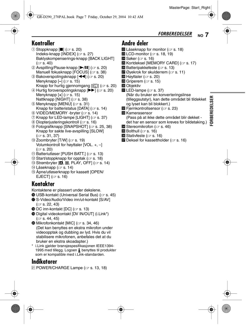 20) D Hurtig foroverspolingsknapp [5] ( s. 20) Menyknapp [+] ( s. 15) Nattknapp [NIGHT] ( s. 38) E Menyknapp [MENU] ( s. 31) Knapp for batteristatus [DATA] ( s. 14) F VIDEO/MEMORY -bryter ( s.