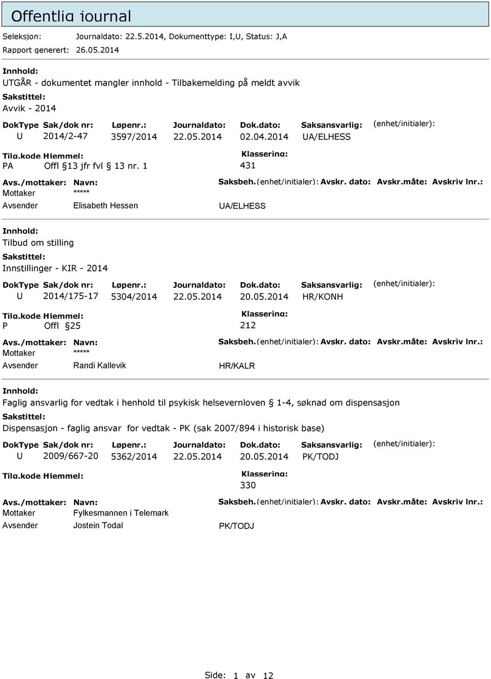 2014 HR/KONH 212 Avs./mottaker: Navn: Saksbeh. Avskr. dato: Avskr.måte: Avskriv lnr.