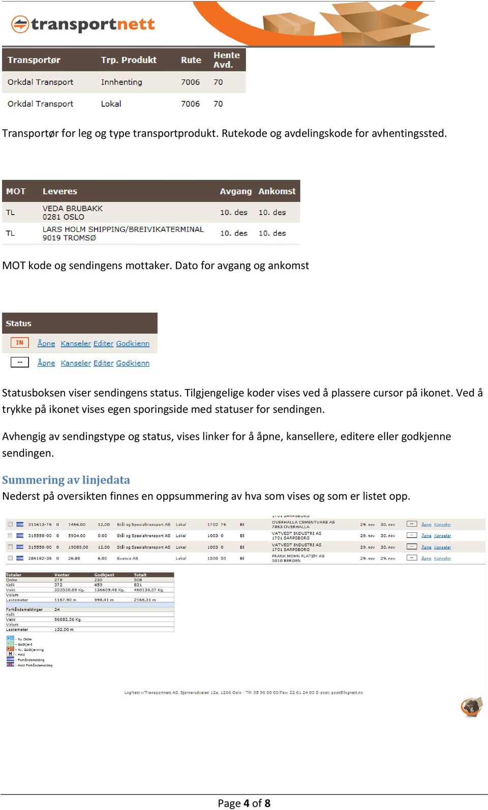 Ved å trykke på ikonet vises egen sporingside med statuser for sendingen.