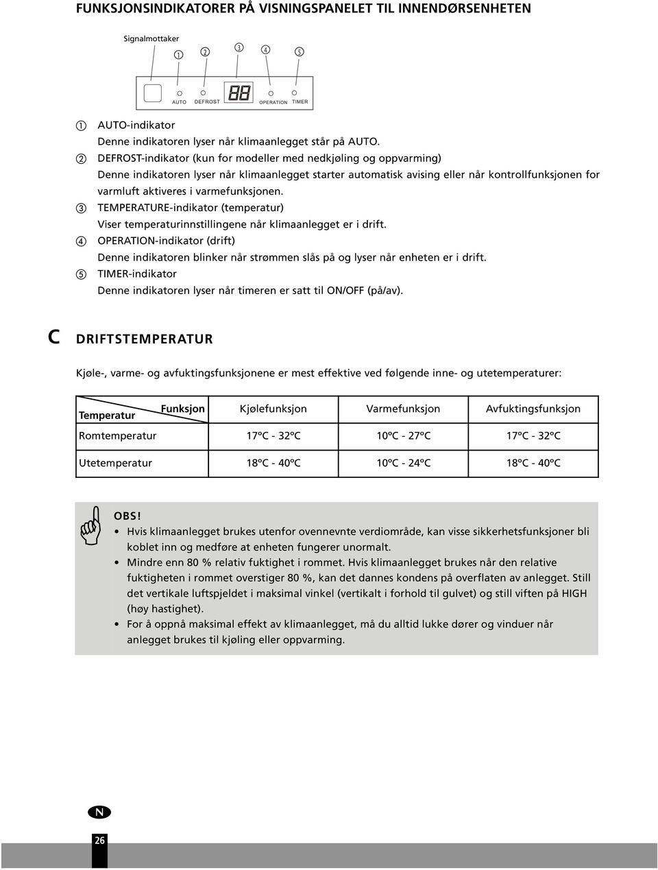 TEMPERATURE-indikator (temperatr) Viser temperatrinnstillingene når klimaanlegget er i drift.