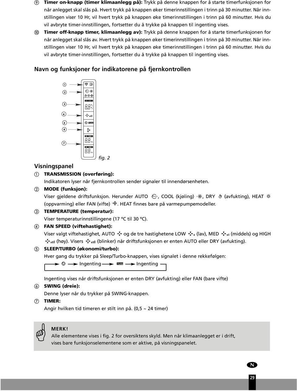 Timer off-knapp timer, klimaanlegg av): Trykk på denne knappen for å starte timerfnksjonen for når anlegget skal slås av. Hvert trykk på knappen øker timerinnstillingen i trinn på 30 mintter.