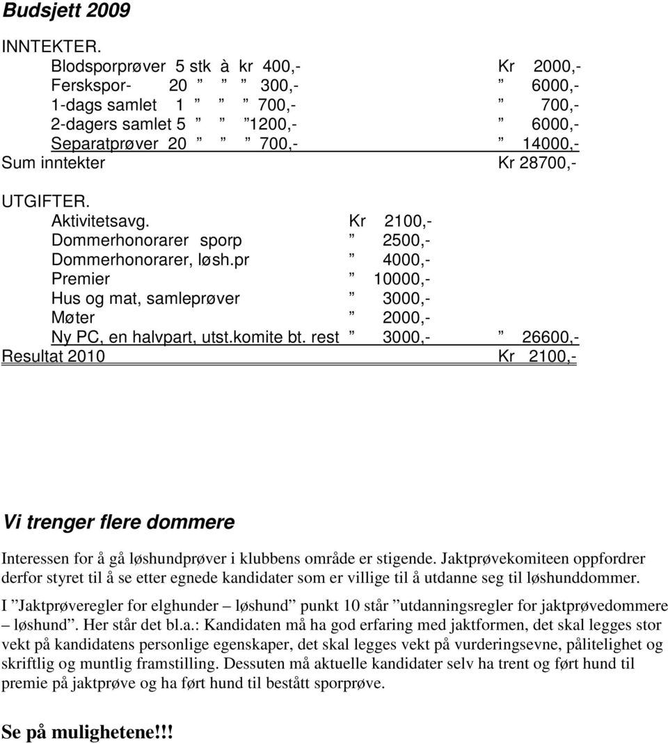 Aktivitetsavg. Kr 2100,- Dommerhonorarer sporp 2500,- Dommerhonorarer, løsh.pr 4000,- Premier 10000,- Hus og mat, samleprøver 3000,- Møter 2000,- Ny PC, en halvpart, utst.komite bt.