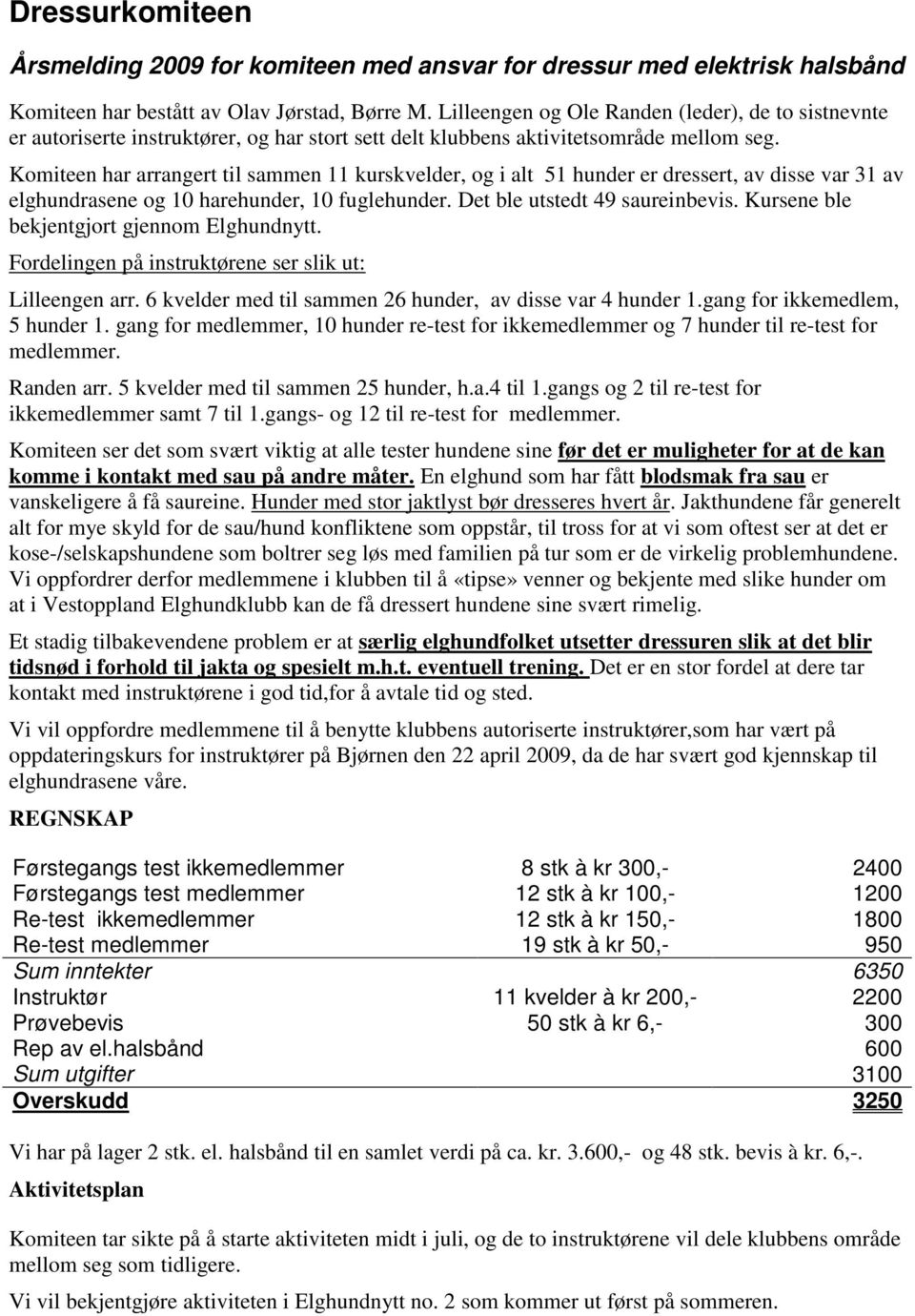 Komiteen har arrangert til sammen 11 kurskvelder, og i alt 51 hunder er dressert, av disse var 31 av elghundrasene og 10 harehunder, 10 fuglehunder. Det ble utstedt 49 saureinbevis.