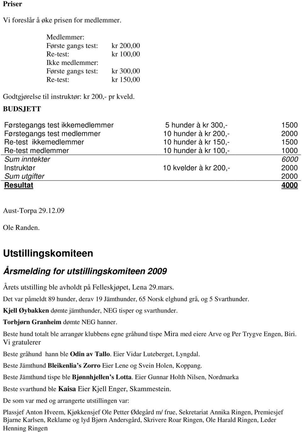 BUDSJETT Førstegangs test ikkemedlemmer 5 hunder à kr 300,- 1500 Førstegangs test medlemmer 10 hunder à kr 200,- 2000 Re-test ikkemedlemmer 10 hunder à kr 150,- 1500 Re-test medlemmer 10 hunder à kr