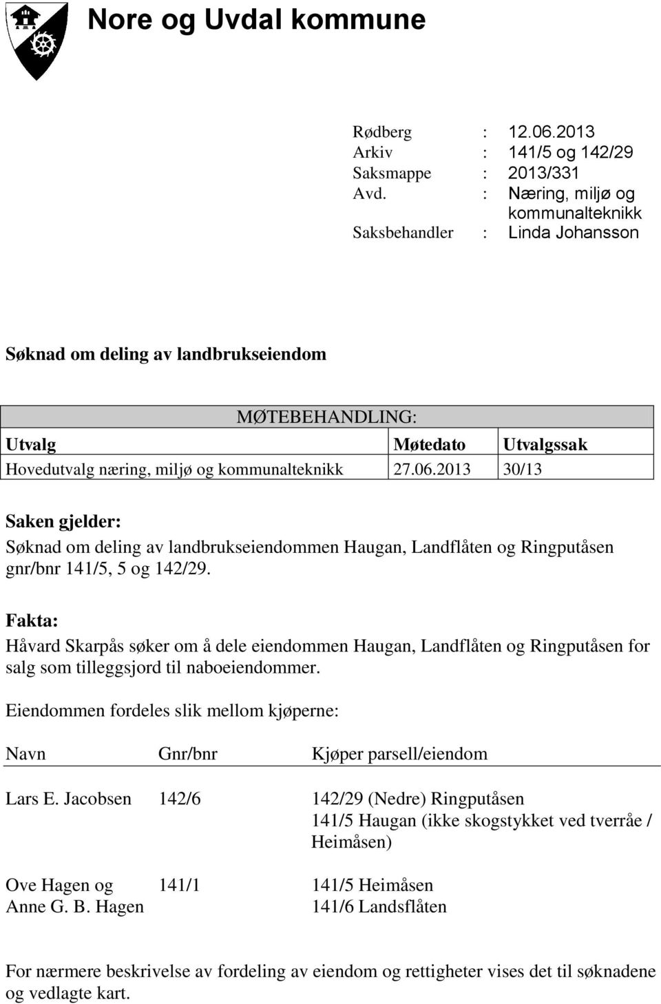 2013 30/13 Saken gjelder: Søknad om deling av landbrukseiendommen Haugan, Landflåten og Ringputåsen gnr/bnr 141/5, 5 og 142/29.