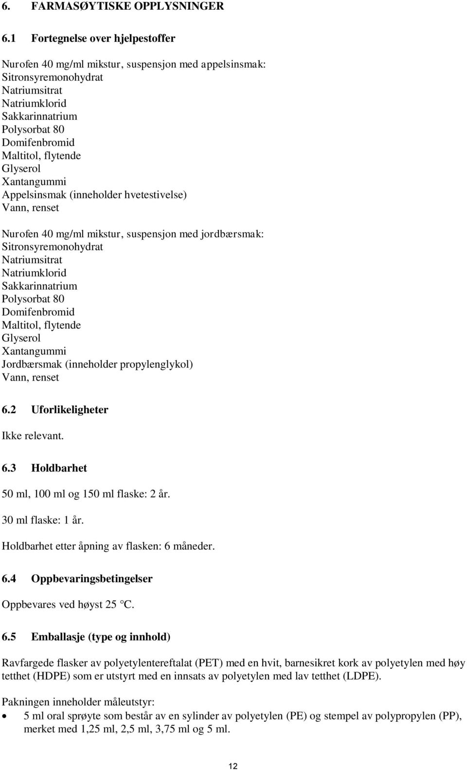 Glyserol Xantangummi Appelsinsmak (inneholder hvetestivelse) Vann, renset Nurofen 40 mg/ml mikstur, suspensjon med jordbærsmak: Sitronsyremonohydrat Natriumsitrat Natriumklorid Sakkarinnatrium