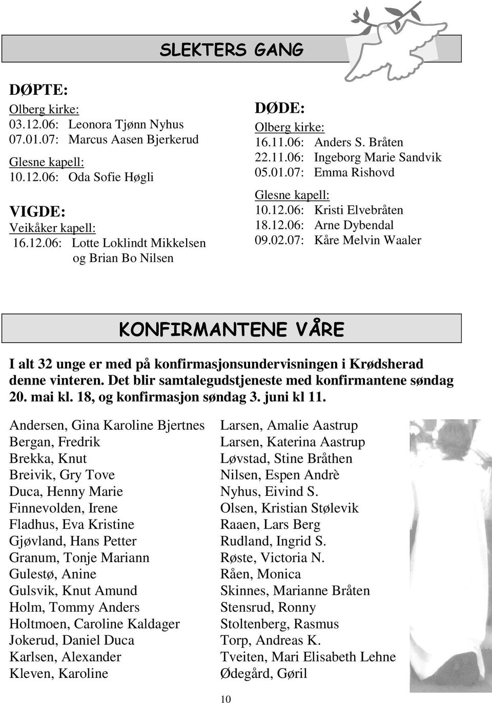 07: Kåre Melvin Waaler KONFIRMANTENE VÅRE I alt 32 unge er med på konfirmasjonsundervisningen i Krødsherad denne vinteren. Det blir samtalegudstjeneste med konfirmantene søndag 20. mai kl.