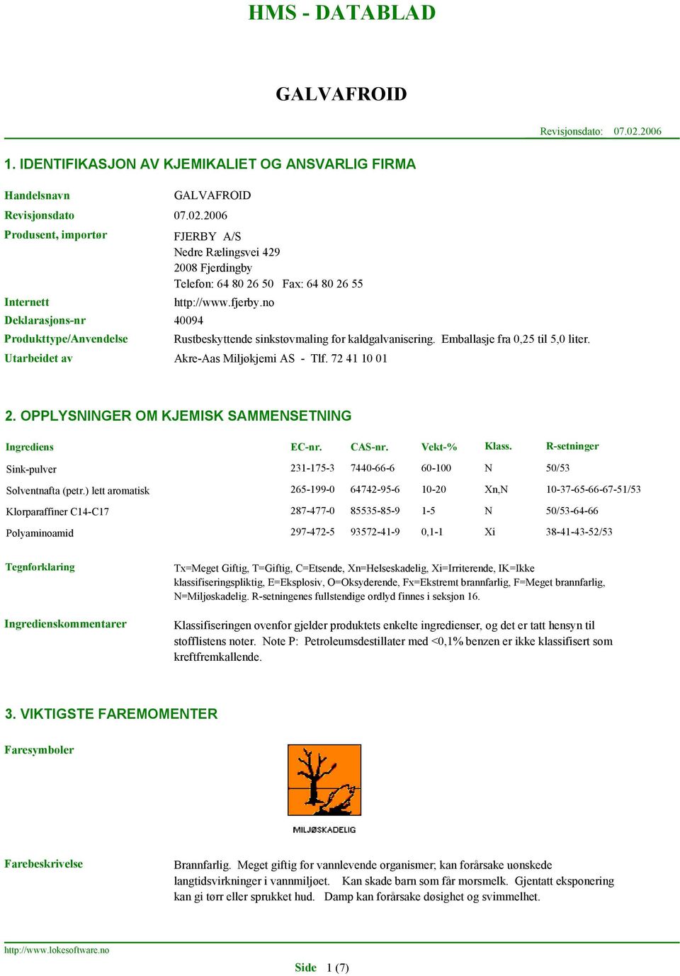 OPPLYSNINGER OM KJEMISK SAMMENSETNING Ingrediens EC-nr. CAS-nr. Vekt-% Klass. R-setninger Sink-pulver Solventnafta (petr.