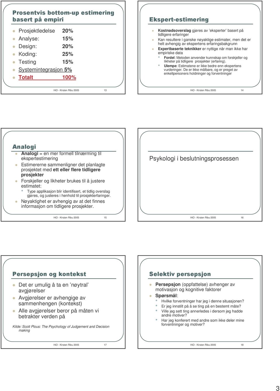 likheter på tidligere prosjekter (erfaring). Ulempe: Estimatene er ikke bedre enn ekspertens vurderinger.