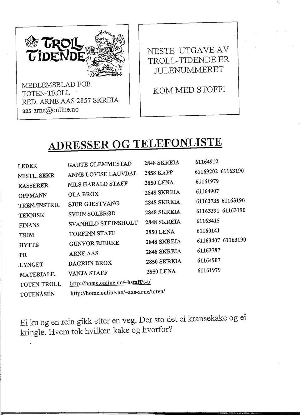 SEKR ANNE LOVISE LAUVDAL 2858 KAPP 61169202 61163190 KASSERER NILS HARALD STAFF 2850 LENA 61161979 OPPiVIANN OLA BROX 2848SKRELA. 61164907 TREN7INSTRU.