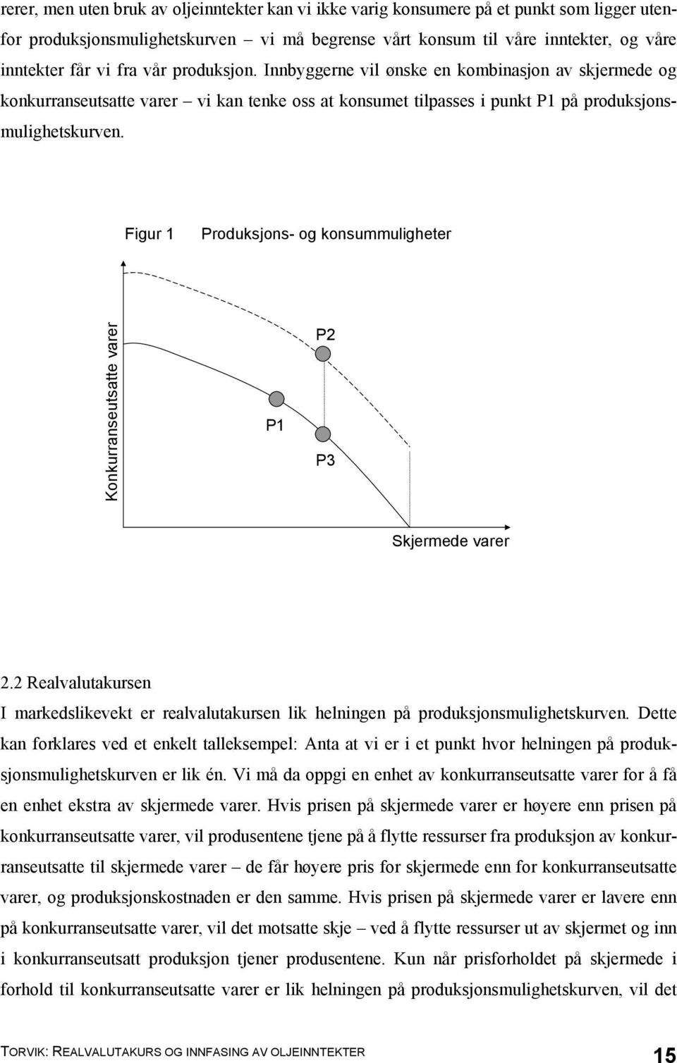 Figur 1 Produksjons- og konsummuligheter Konkurranseutsatte varer P1 P2 P3 Skjermede varer 2.2 Realvalutakursen I markedslikevekt er realvalutakursen lik helningen på produksjonsmulighetskurven.