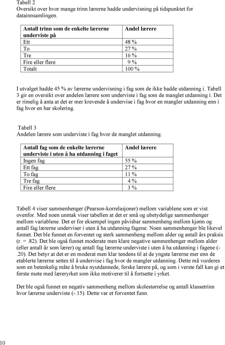 utdanning i. Tabell 3 gir en oversikt over andelen lærere som underviste i fag som de manglet utdanning i.