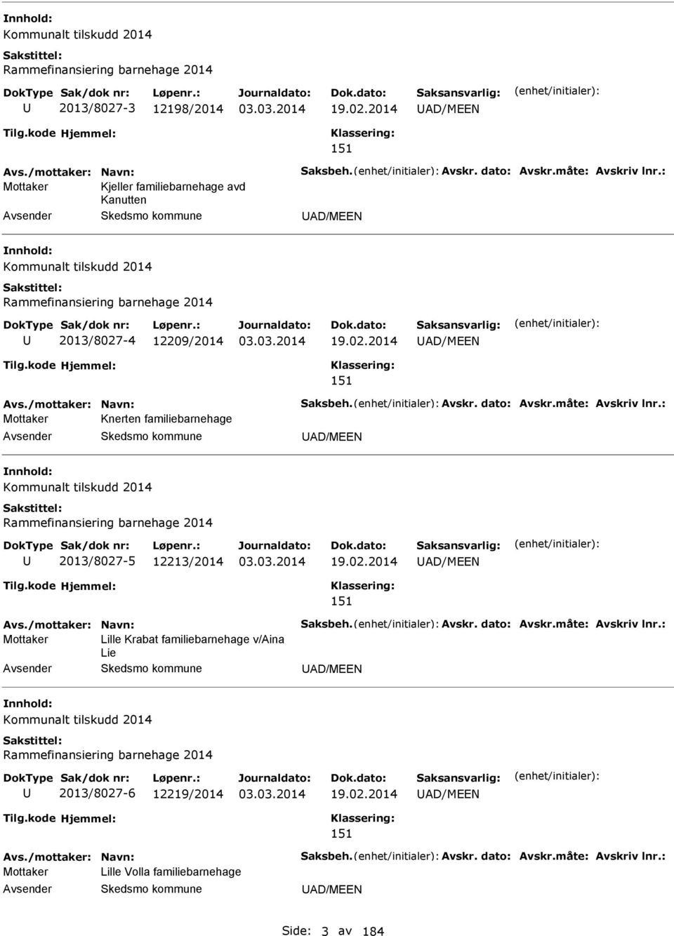 dato: vskr.måte: vskriv lnr.: Mottaker Knerten familiebarnehage D/MEEN Kommunalt tilskudd 2014 Rammefinansiering barnehage 2014 2013/8027-5 12213/2014 19.02.2014 D/MEEN 151 vs.