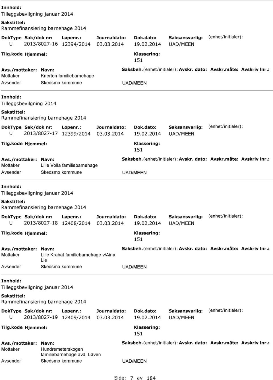 måte: vskriv lnr.: Mottaker Lille Volla familiebarnehage D/MEEN Tilleggsbevilgning januar 2014 Rammefinansiering barnehage 2014 2013/8027-18 12408/2014 19.02.2014 D/MEEN 151 vs.