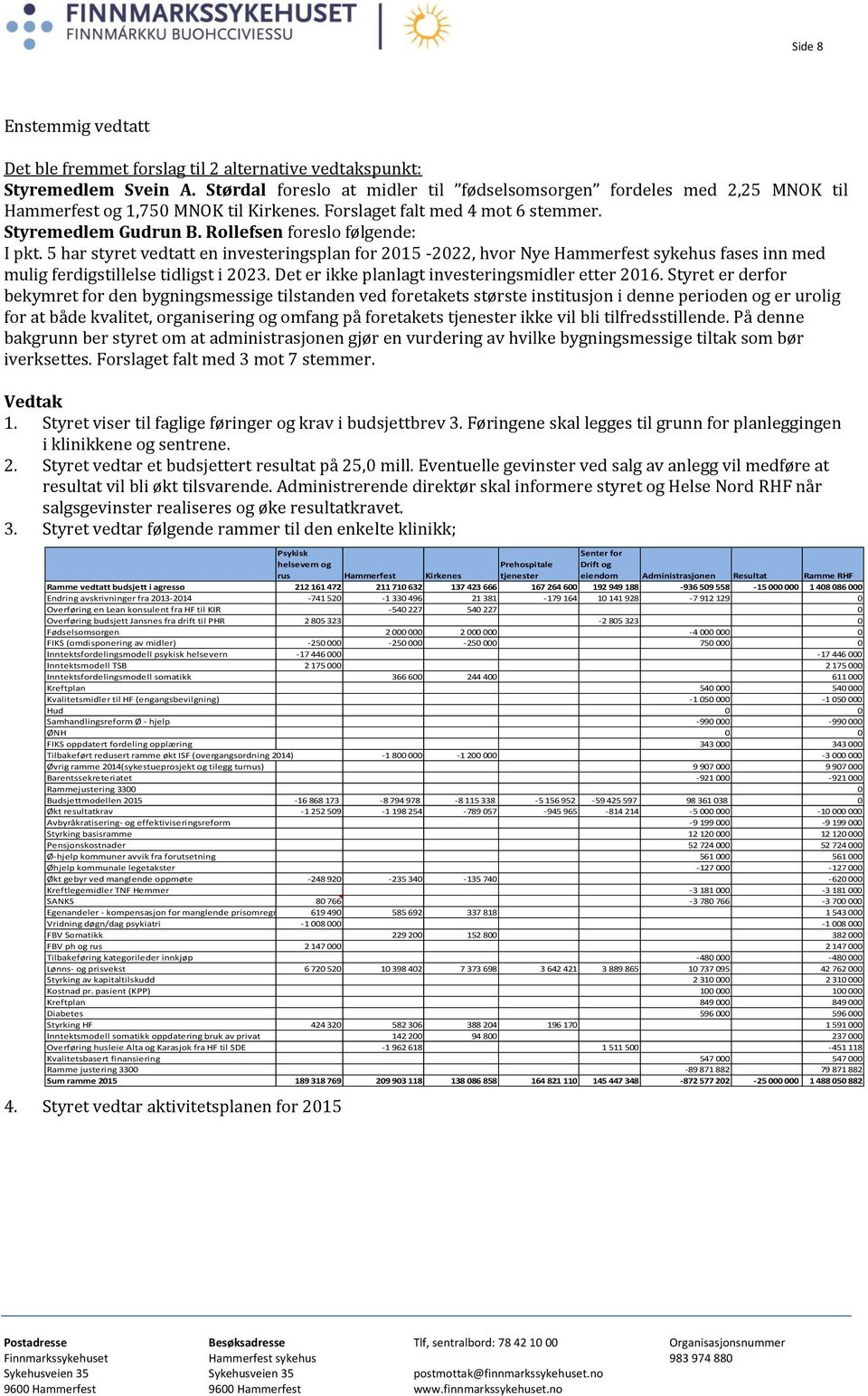 5 har styret vedtatt en investeringsplan for 2015-2022, hvor Nye Hammerfest sykehus fases inn med mulig ferdigstillelse tidligst i 2023. Det er ikke planlagt investeringsmidler etter 2016.