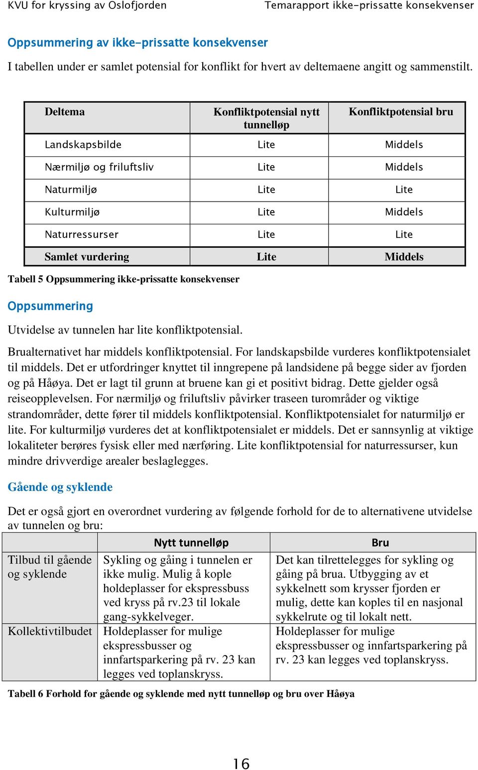 Samlet vurdering Lite Middels Tabell 5 Oppsummering ikke-prissatte konsekvenser Oppsummering Utvidelse av tunnelen har lite konfliktpotensial. Brualternativet har middels konfliktpotensial.