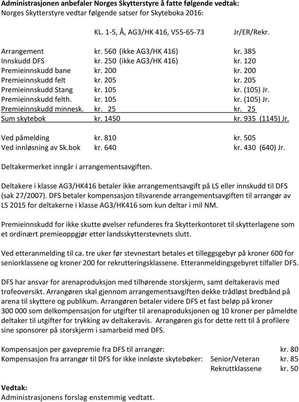 25 Sum skytebok kr. 1450 kr. 935 (1145) Jr. Ved påmelding kr. 810 kr. 505 Ved innløsning av Sk.bok kr. 640 kr. 430 (640) Jr. Deltakermerket inngår i arrangementsavgiften.