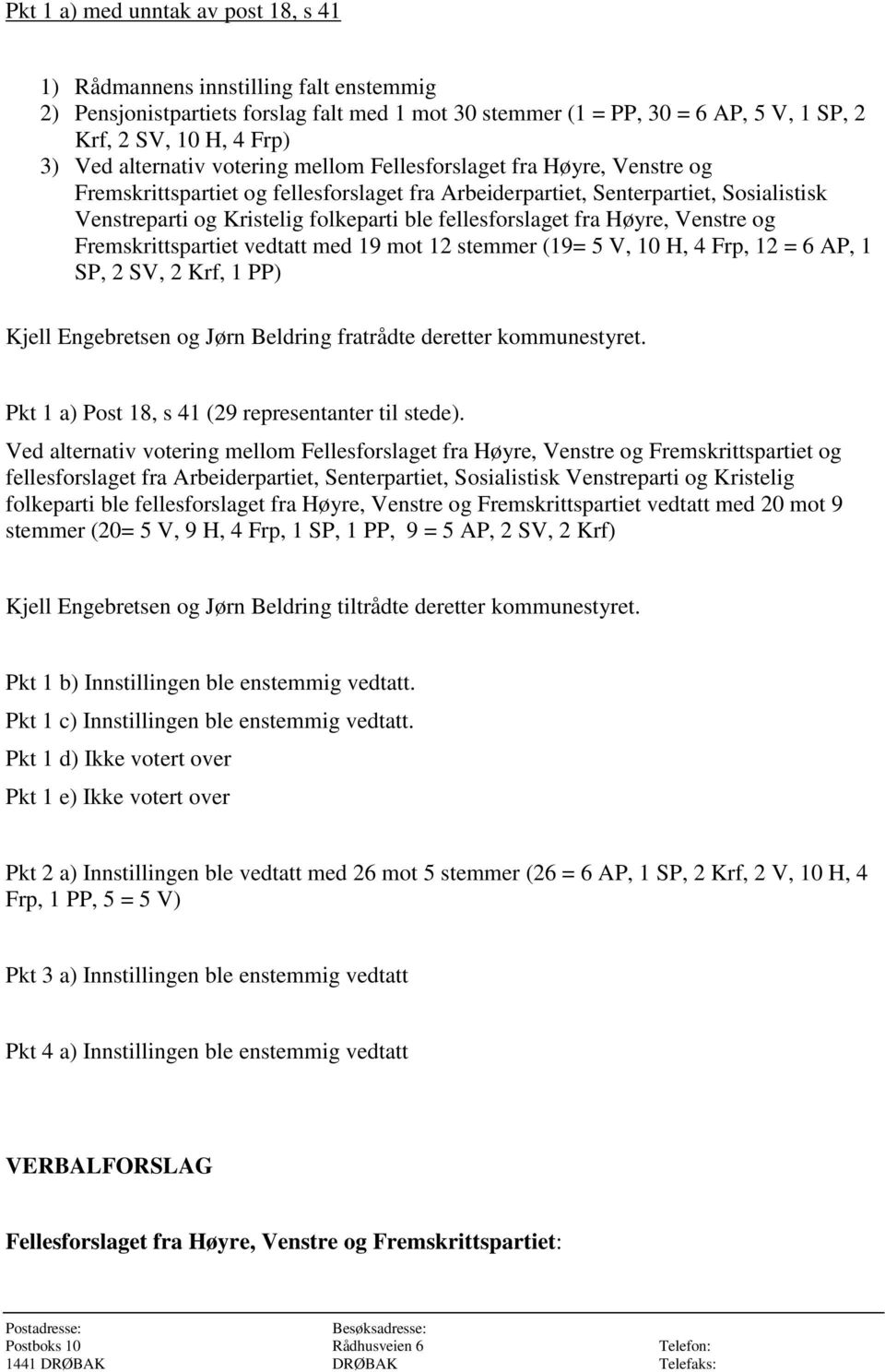 fellesforslaget fra Høyre, Venstre og Fremskrittspartiet vedtatt med 19 mot 12 stemmer (19= 5 V, 10 H, 4 Frp, 12 = 6 AP, 1 SP, 2 SV, 2 Krf, 1 PP) Kjell Engebretsen og Jørn Beldring fratrådte deretter