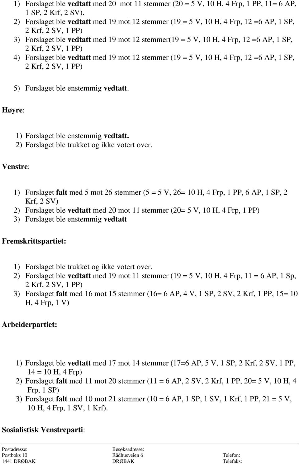 2 SV, 1 PP) 4) Forslaget ble vedtatt med 19 mot 12 stemmer (19 = 5 V, 10 H, 4 Frp, 12 =6 AP, 1 SP, 2 Krf, 2 SV, 1 PP) 5) Forslaget ble enstemmig vedtatt. Høyre: 1) Forslaget ble enstemmig vedtatt.