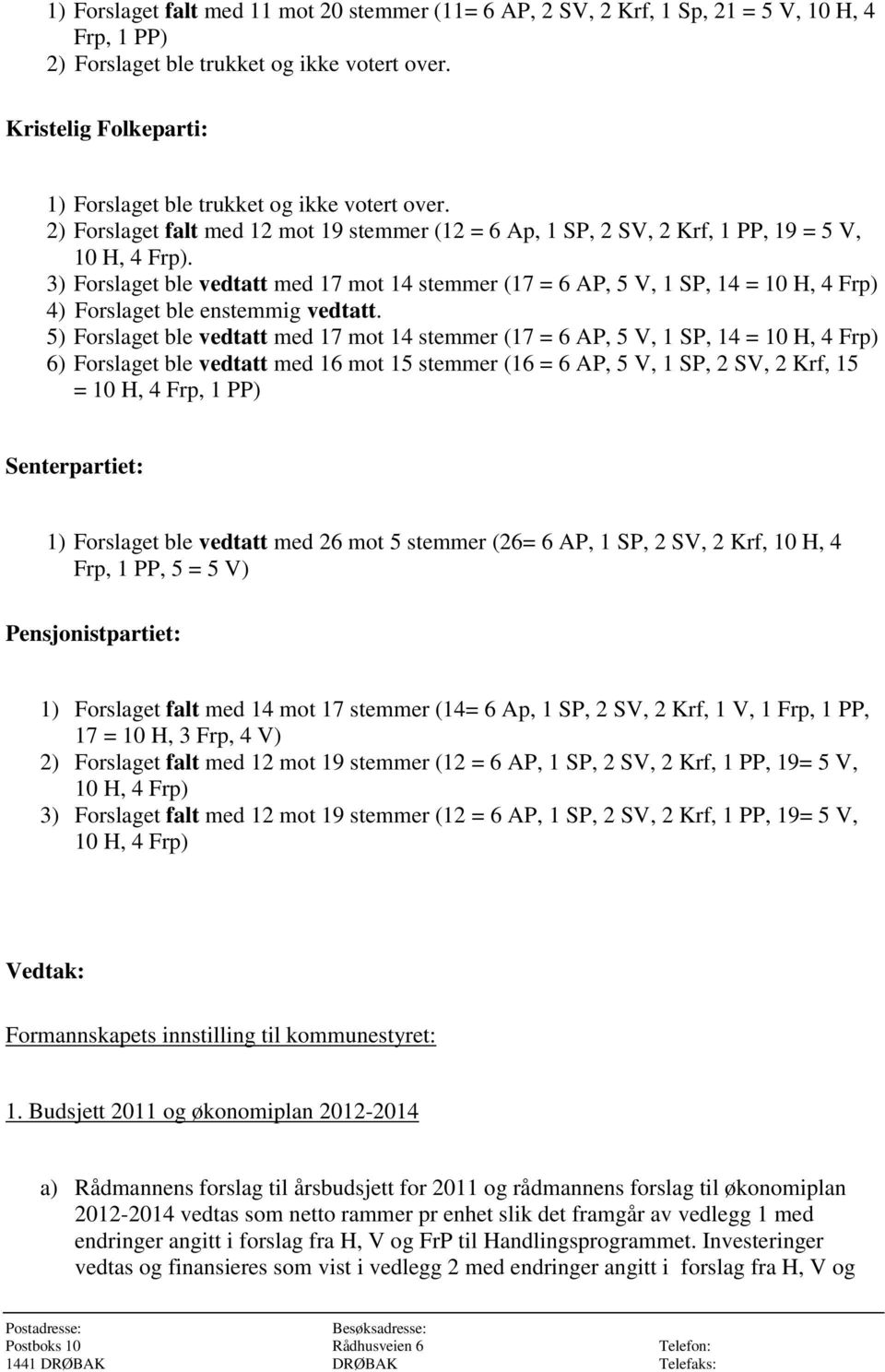 3) Forslaget ble vedtatt med 17 mot 14 stemmer (17 = 6 AP, 5 V, 1 SP, 14 = 10 H, 4 Frp) 4) Forslaget ble enstemmig vedtatt.