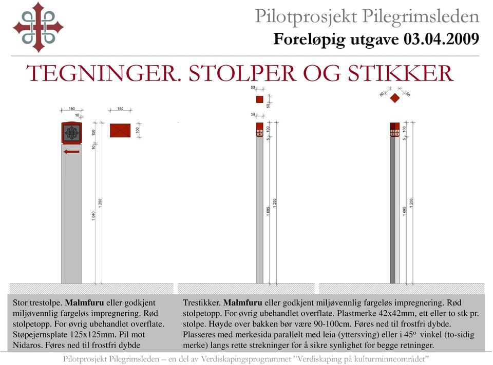 stolpe. Høyde over bakken bør være 90-100cm. Føres ned til frostfri dybde. Støpejernsplate 125x125mm.