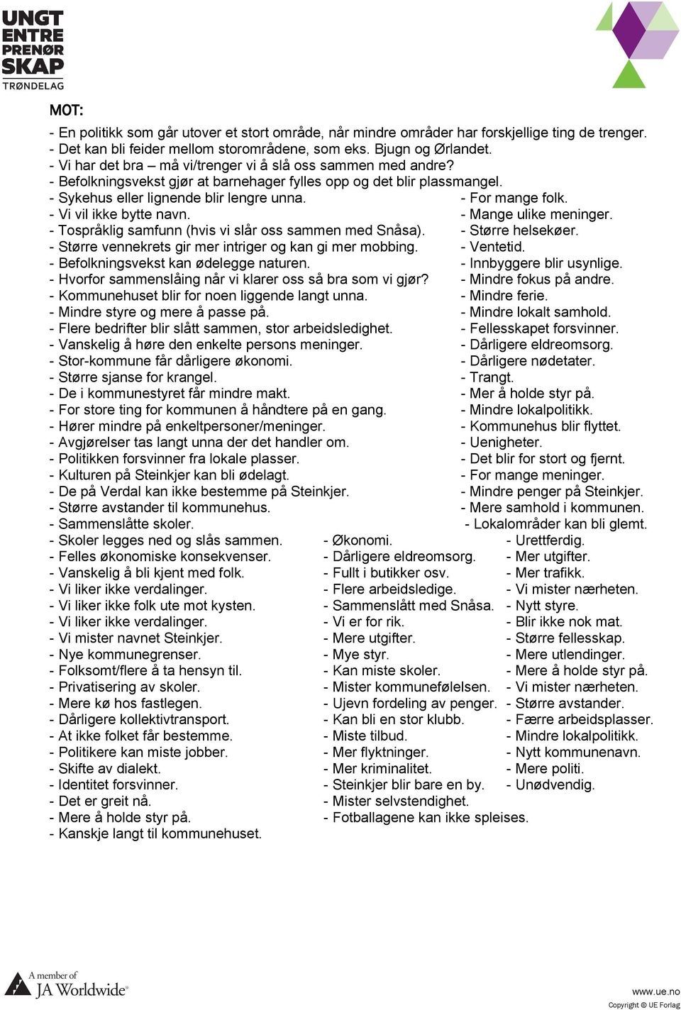 - Vi vil ikke bytte navn. - Mange ulike meninger. - Tospråklig samfunn (hvis vi slår oss sammen med Snåsa). - Større helsekøer. - Større vennekrets gir mer intriger og kan gi mer mobbing. - Ventetid.