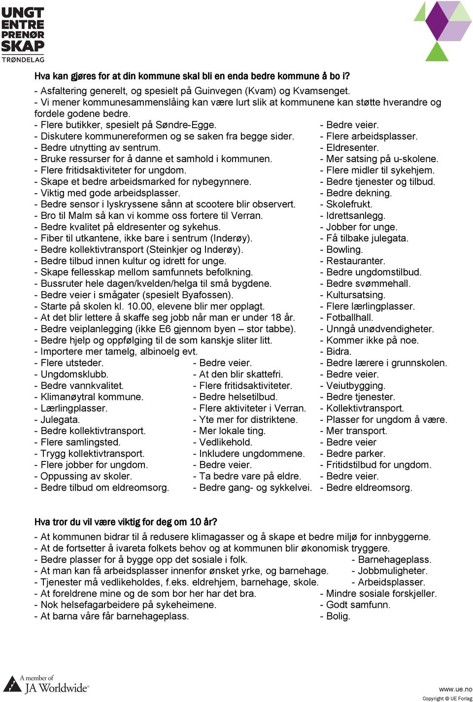 - Diskutere kommunereformen og se saken fra begge sider. - Flere arbeidsplasser. - Bedre utnytting av sentrum. - Eldresenter. - Bruke ressurser for å danne et samhold i kommunen.