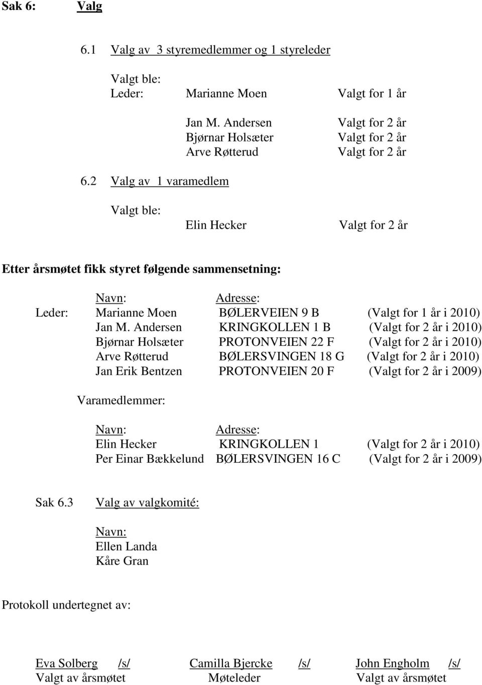 Andersen KRINGKOLLEN 1 B ( i 2010) Bjørnar Holsæter PROTONVEIEN 22 F ( i 2010) Arve Røtterud BØLERSVINGEN 18 G ( i 2010) Jan Erik Bentzen PROTONVEIEN 20 F ( i 2009) Varamedlemmer: