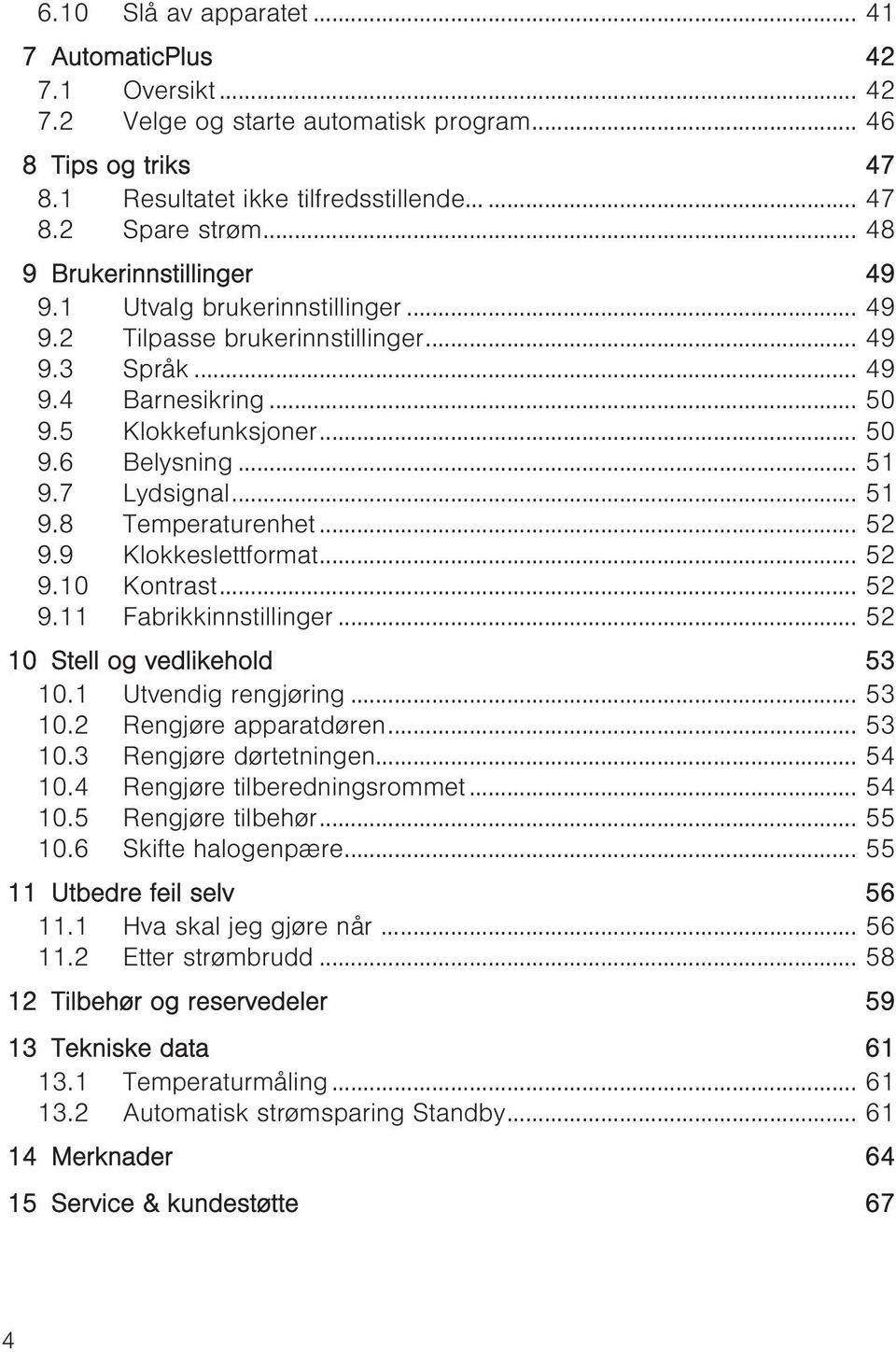 7 Lydsignal... 51 9.8 Temperaturenhet... 52 9.9 Klokkeslettformat... 52 9.10 Kontrast... 52 9.11 Fabrikkinnstillinger... 52 10 Stell og vedlikehold 53 10.1 Utvendig rengjøring... 53 10.2 Rengjøre apparatdøren.