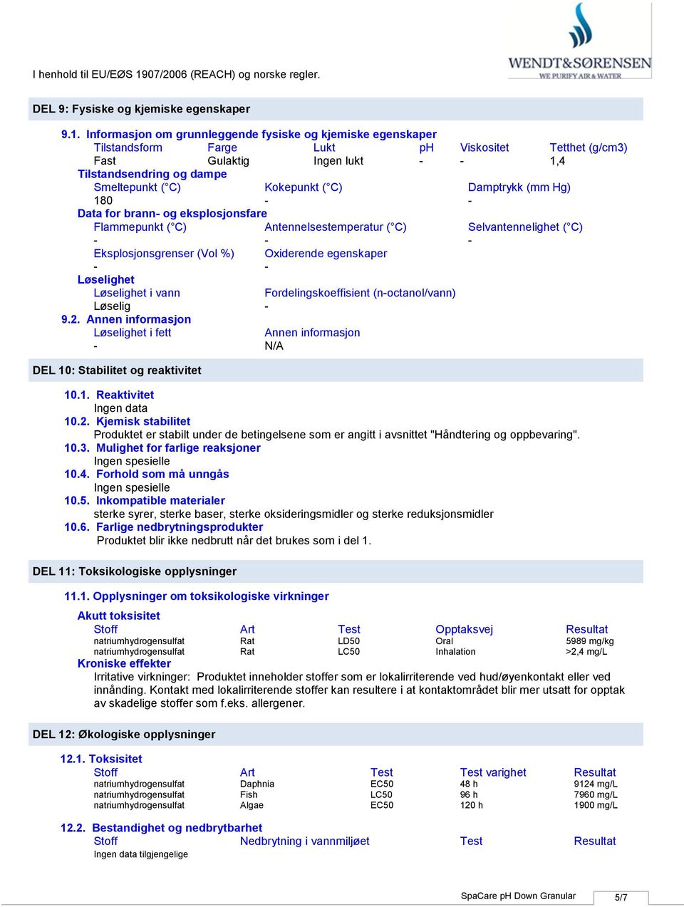 C) Damptrykk (mm Hg) 180 Data for brann og eksplosjonsfare Flammepunkt ( C) Antennelsestemperatur ( C) Selvantennelighet ( C) Eksplosjonsgrenser (Vol %) Oxiderende egenskaper Løselighet Løselighet i