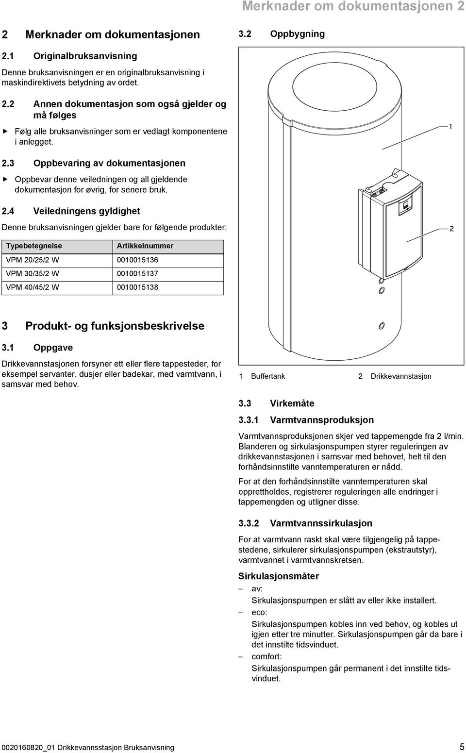 følgende produkter: 2 Typebetegnelse Artikkelnummer VPM 20/25/2 W 0010015136 VPM 30/35/2 W 0010015137 VPM 40/45/2 W 0010015138 3 Produkt- og funksjonsbeskrivelse 3.