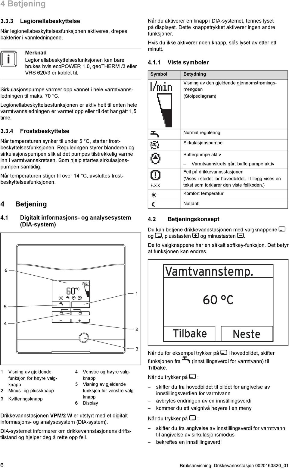 Legionellabeskyttelsesfunksjonen er aktiv helt til enten hele varmtvannsledningen er varmet opp eller til det har gått 1,5 time. Når du aktiverer en knapp i DIA -systemet, tennes lyset på displayet.