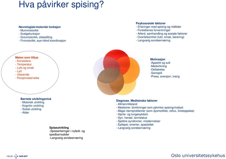 Foreldrenes forventninger - Atferd, samhandling og sosiale faktorer - Overfølsomhet (lukt, smak, berøring) - Langvarig sondeernæring Maten som tilbys - Konsistens - Temperatur - Lukt og smak - Lyd -